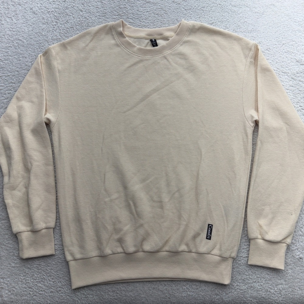 Comfrt Mens Waffle Knit Crewneck Sweatshirt Cream Off White Thermal Small